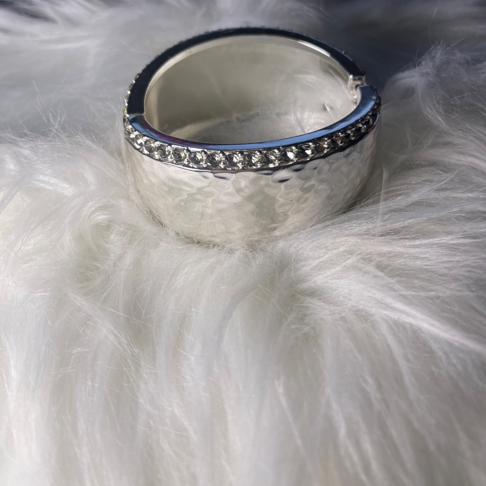 White House Black Market Silvertone & Rhinestone Wide Cuff Bracelet